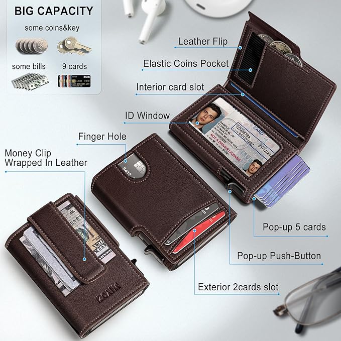 miyozi Men Wallet,with Money Clip Coins Pocket ID Window,Slim Front Pocket RFID Blocking Pop-up Card Holder 3.9"x 2.7", Gift Boxed