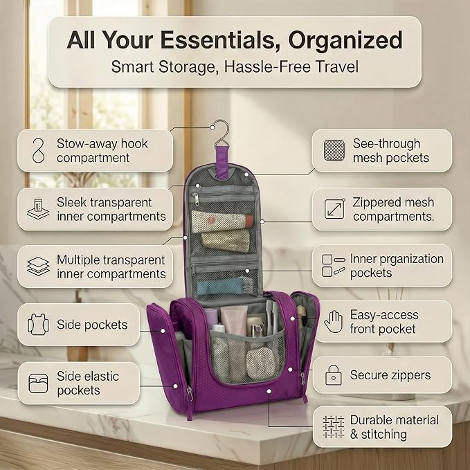 Bago Travel Toiletry Bag for Women and Men - Large Waterproof Hanging Toiletry Bag for Bathroom and Travel Bag for Toiletries Organizer (Purple)