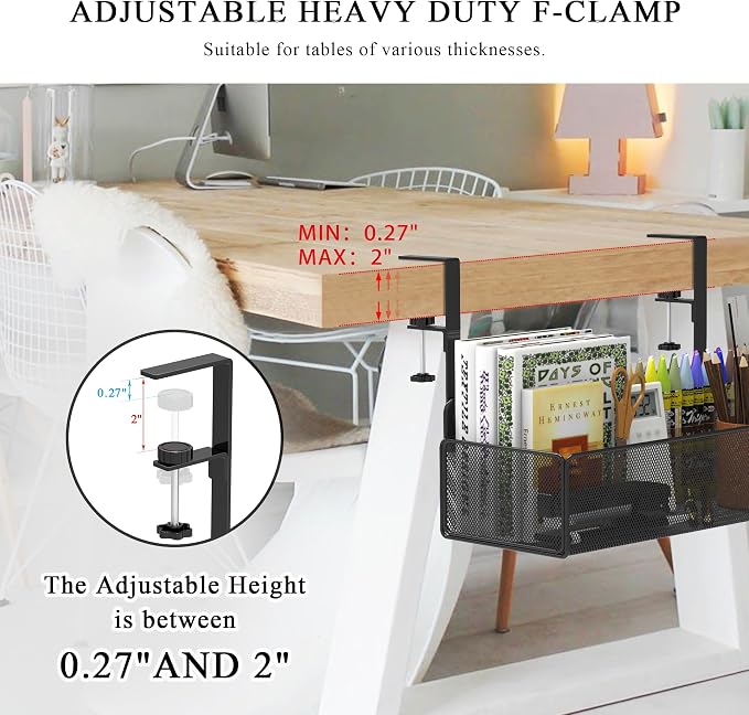 Office Under Desk Organizer Storage, Metal 3-IN-1 Clamp On Desk Side and Desktop File Document Magazine Organization Wall Hanging Bin Holder Office Supplies For Home School Essentials