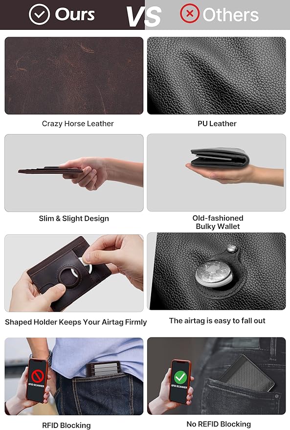 typecase Slim Minimalist Card Mens Wallet for AirTag, Front Pocket Premium Crazy Horse Leather Wallet with AirTag Holder, RFID Blocking Cash Credit Card Wallet Compatible with AirTag (Dark Brown)