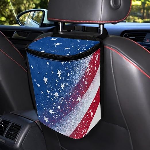 Talayituse American Flag Star Print Car Trash Can with Lid, 4th of July Leak Proof Auto Trash Bag Hanging Vehicle Garbage Can Multipurpose Storage Container for Back Seat Road Trip