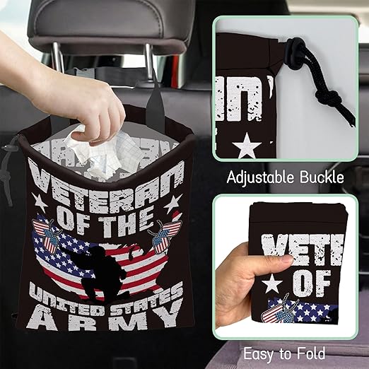 American Army Flag Car Trash Bag,Veteran United States Flag Hanging Drawstring Car Garbage Bag,Waterproof Canvas Car Back Seat Organizer with Adjustable Buckle,For Vehicles,SUVs,Camping,Road Trips