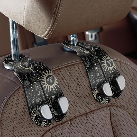 CoBak Purse Hook for Car - Universal Premium Stitched Leather and Aluminum-Magnesium Alloy Double Car Seat Back Storage Hook for Purses, Handbags, Bags (2 Pack),Star Mark