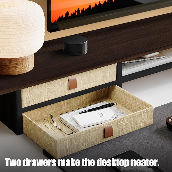 FENSULN Dual?‘Tier Monitor Stand Riser with Drawers, Desktop Organizer Shelf Storage for Computer Screen 2 Monitors, Supports for PC Computer Monitor, Printer, Heavy TV Riser Brown and Black