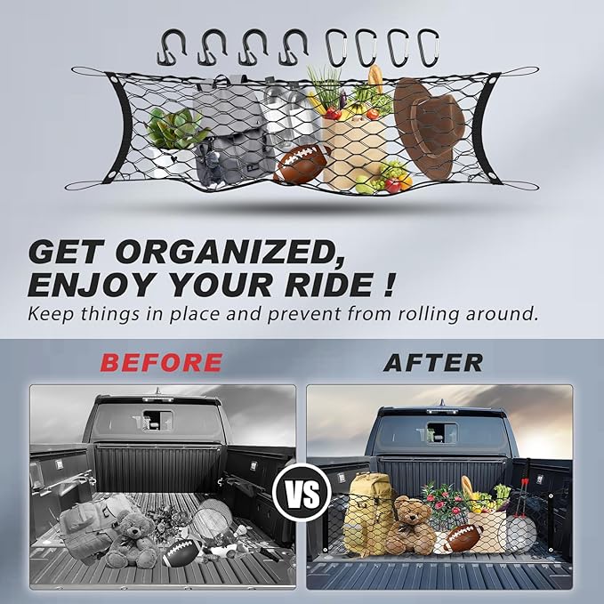 Karltys Truck Bed Cargo Net for Dodge Ram 1500 2019-2024 2025 2026, Envelope Style Pickup Truck Bed Tailgate Net for Ram 1500 Accessories, Heavy Duty Nylon Mesh Storage Netting Organizer with Hooks