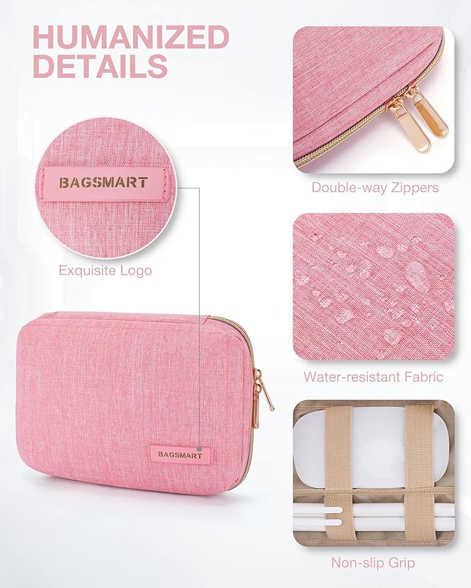 BAGSMART Electronics and Cable Organizer Travel Case for Phone, SD Card, Accessories Pink, Compact Tech Storage Bag
