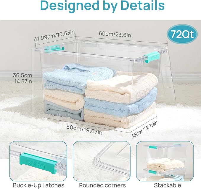 Vtopmart 4 Pack 72 QT Crystal Clear Storage Bins with Lids, 4 Pack Stackable Plastic Large Latching Boxes Totes Tubs Container for Closet Organizers and Storage, Bedroom, Clothes, Bedding