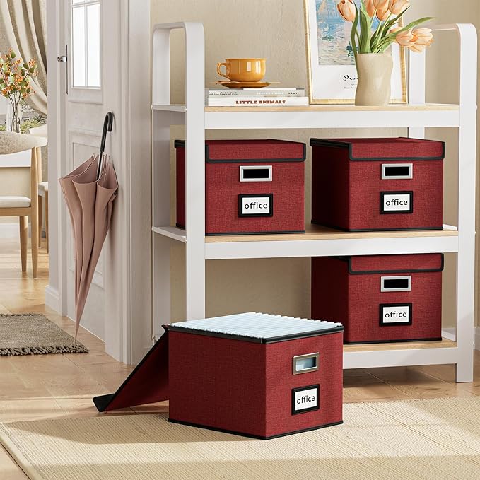 File Organizer Box with Lid, Collapsible File Folder Organizer for Office Document Storage, Filing Box with Plastic Slide for Letter Size Hanging File Folders(1 Pack, Dark Red)