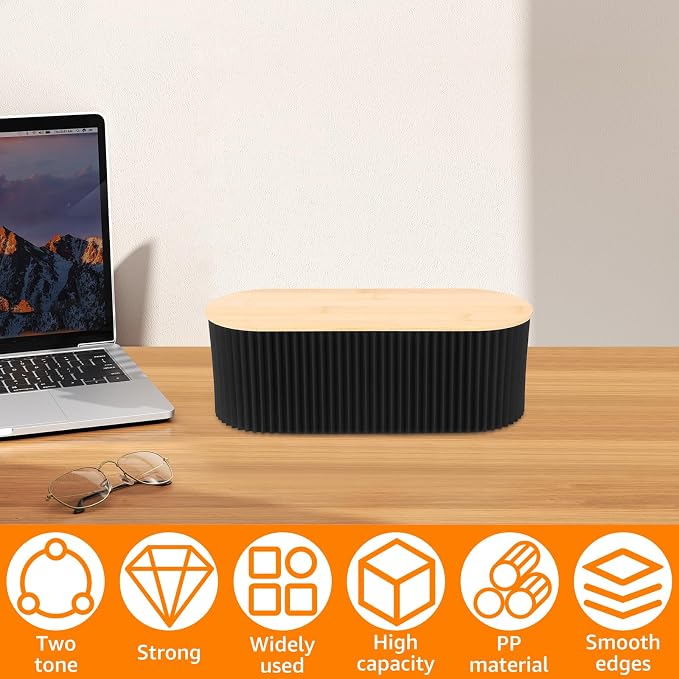 2Pcs Cable Management Box, 13 × 5.12 × 4.33 inch Plastic Cord Hider Box with Wood Lid, Hidden Storage Cord Organizer Box, Ample Internal Space Power Strips Cover Easy Access for Home Office