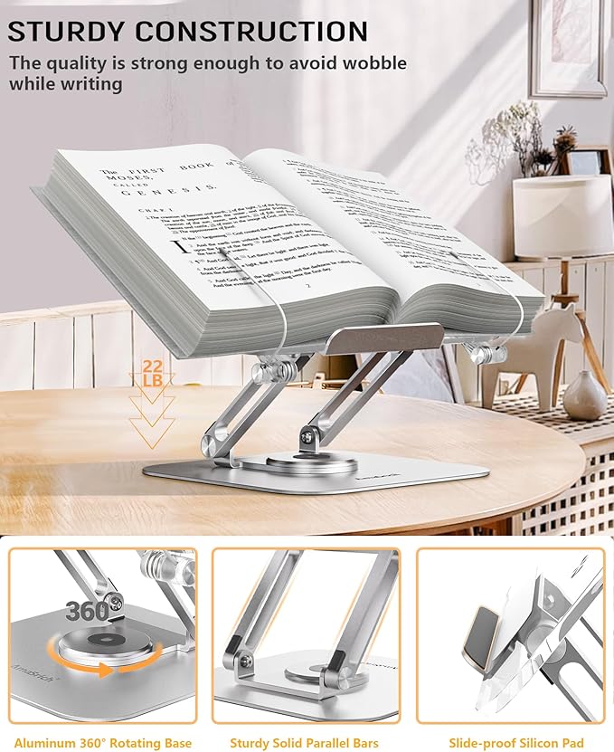 ACIsland Acrylic Book Stand for Reading-Adjustable Holder with 360° Rotating Base & Page Clips- Foldable Desktop Ricer for displaying Cookbook-Sheet Music-Laptop-Recipe-Textbook-Hands Free-Aluminium