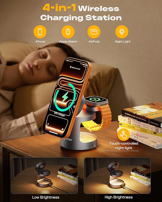 4 in 1 Charging Station Compatible with MagSafe Charger, Foldable Magnetic Wireless Charger with Night Lamp, 15W Fast Charging Stand for iPhone 17/16/15/14/13/12, Apple Watch, AirPods (20W Adapter)