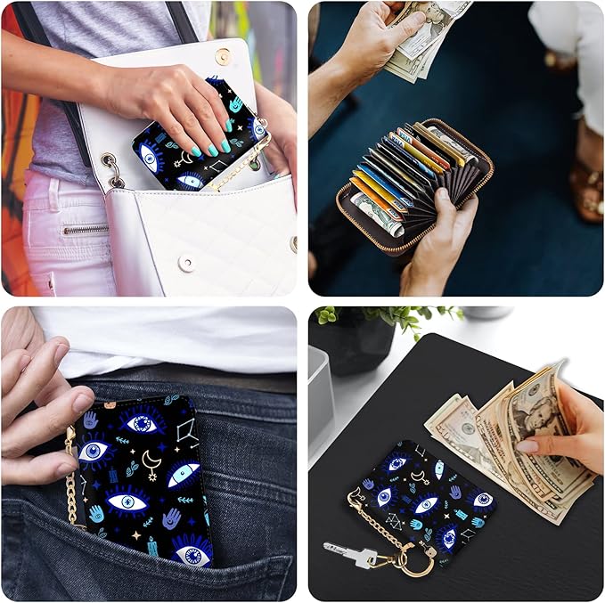 Credit Card Holder RFID Wallet, Small Card Holder Wallet for Women with Keychain Zipper, Funny Leather Print Credit Card Wallets Accordion Gift