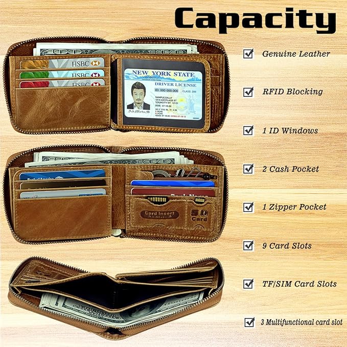 Admetus Mens RFID Blocking Wallets Zipper Leather Wallet for Men Bifold RFID Card Holder