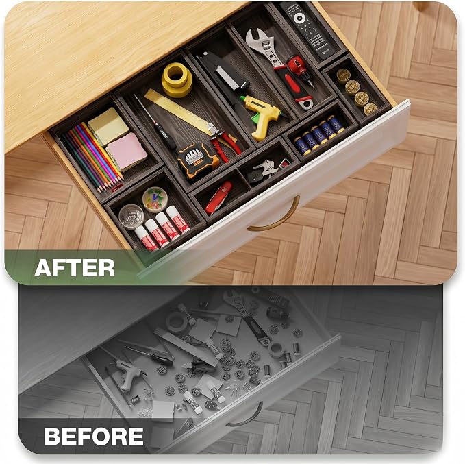9-Pack Solid Wood Junk Drawer Organizer, Modular Desk Drawer Tray & Accessories with Non-Slip Pad, Multi-Use for Kitchen, Office, Bedroom Dresser, Utensil, Makeup, Stationery, Tea Bags & Coffee Pod