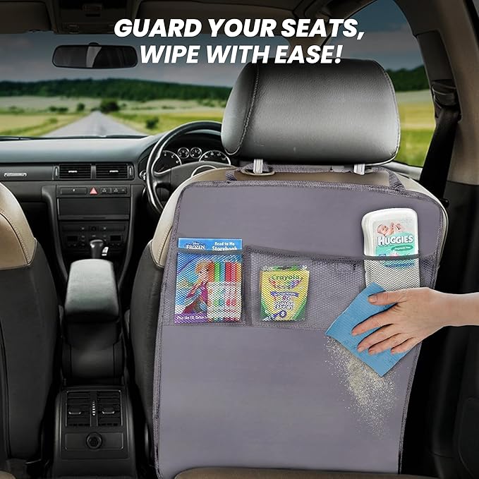 EcoNour 2-Pack Back of Seat Protector for Kids Feet | Grey Oxford Fabric Car Kick Mats with 2 Pocket Organizer | Seat Protector for Vehicles from Dirt, Mud & Scratches | Car Accessories