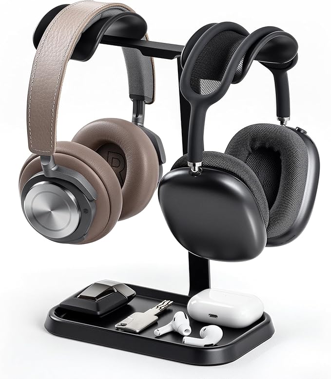 Dual Headphone Stand, Double Balanced Headset Stand with Storage Tray, Heavy Base Gaming Headset Holder for Desk (Black)