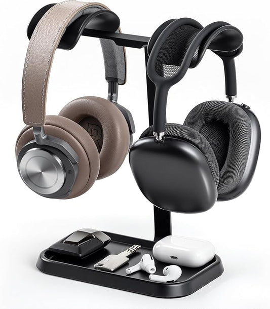 Dual Headphone Stand, Double Balanced Headset Stand with Storage Tray, Heavy Base Gaming Headset Holder for Desk (Black)