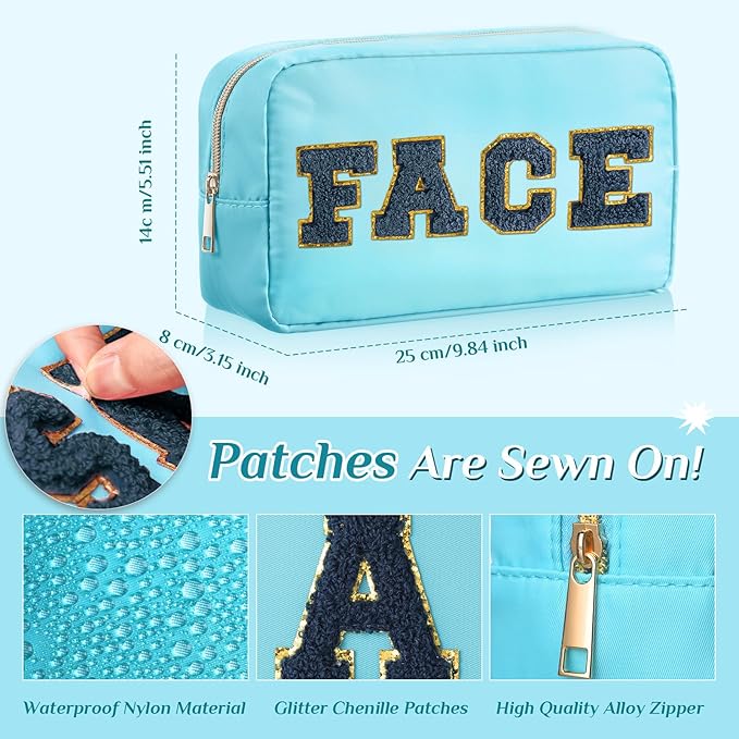 Remerry 4 PCS Nylon Cosmetic Bags Waterproof Spacious Travel Makeup Organizer for Women Chenille Letter Preppy Zipper Pouch Face Stuff Skin Hair Organizer Gift(Blue Color)