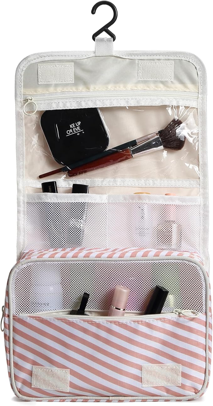 Sechunk Waterproof Travel Toiletry Bags Hanging Multi-function Cosmetic Bag Makeup Bag for Women (pink_Stripe)