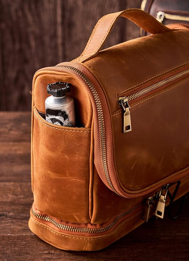 EURYNOME Travel Toiletry Bag For Men, Genuine Leather Shaving Dopp Kit Bottom Storage Holds More (11x8.6x4.7)-Mens Toiletry Bag -Leather Makeup Cosmetic Organizer Kit - Men Travel Toiletries Bag