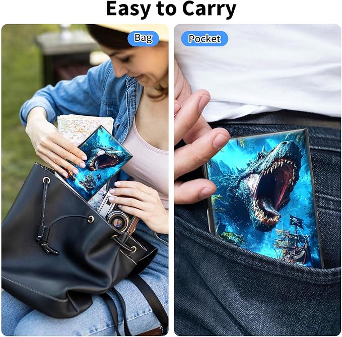 Metal Wallet,Credit Card Holder for Women Men,RFID Blocking Card Holder Mini Slim Aluminum Wallet ID Case Hard Case Business Card Holder Case,Blue Glitter Dinosaur