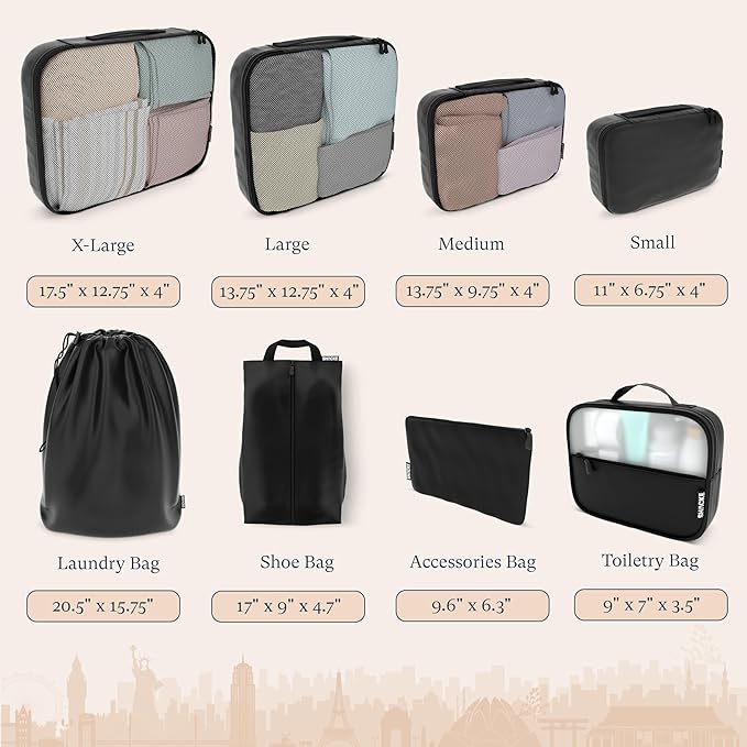 Shacke Packing Cubes for Travel 8 Set - Premium Luggage Organizer Bags - Versatile Travel Organizer for Women and Men - Optimized Packing Bags - Travel Essentials (Air Black)