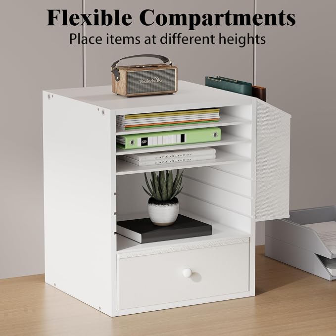 Unionly Wooden 12X12 Scrapbook Paper Organizer,7 Tier Adjustable Desktop File sorter with drawer,Craft&Stamp Cardstock Storage with Side Pocket&Name Slots for classroom,home offce，White