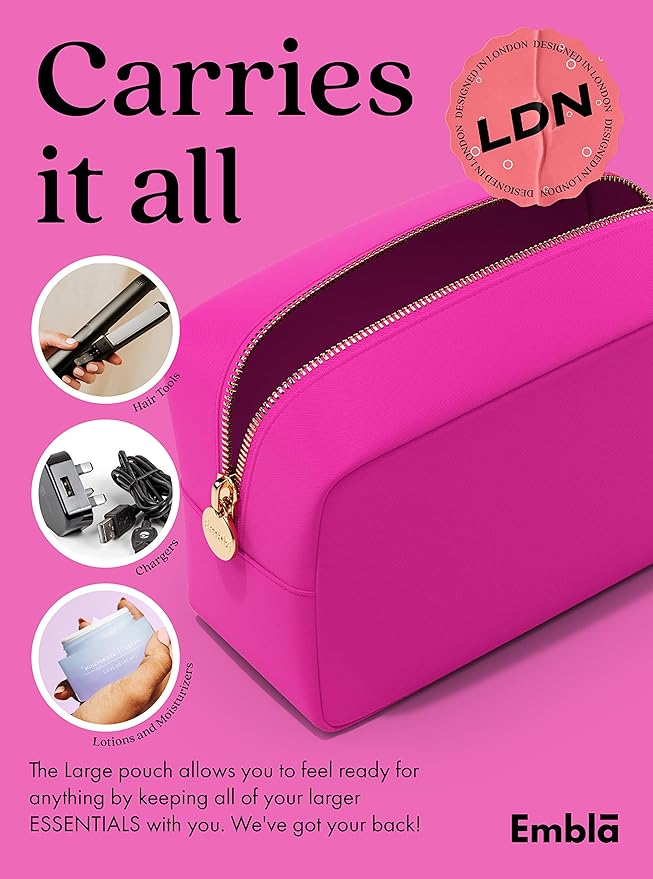 Embla Large Makeup Bag and Waterproof Nylon Travel Toiletry Bag, Large Capacity Cosmetic Zipper Pouch, Fuchsia Pink