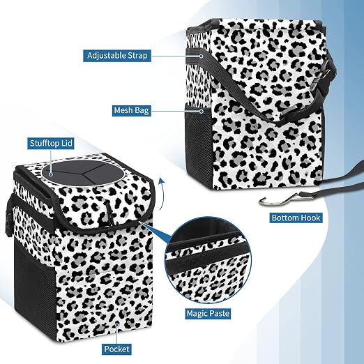 Black and Grey Leopard Trash Can with Lid - Collapsible Reusable Waterproof Garage Bag, Automotive Garbage Can, Car Accessories Interior Organizer