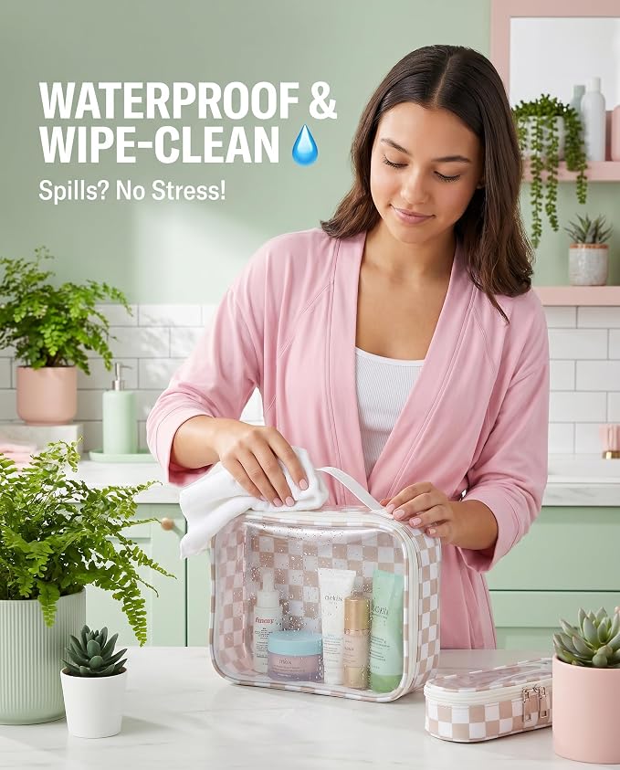 LETGO Clear Checkered TSA Approved Toiletry Bag,Diaper Bag Organizer Pouch Set,Clear Waterproof Makeup Bags with Zipper,Purse Organizer Pouches,Travel Beach Organizer Bags for Woman and Kids