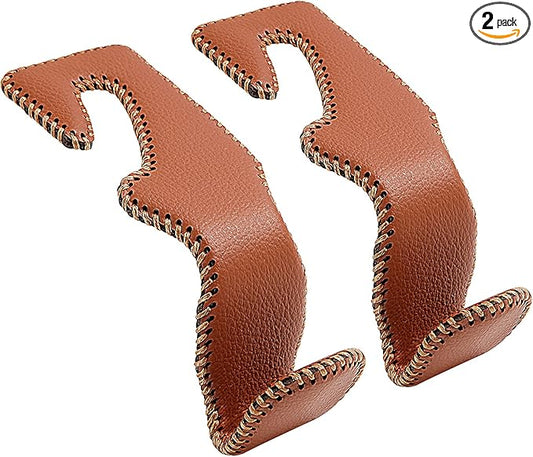 Car Purse Hook, Back Seat Headrest Genuine Leather Hangers Durable Vehicle Organizer Accessory for Hanging Grocery Bags, 2 Pack, Brown
