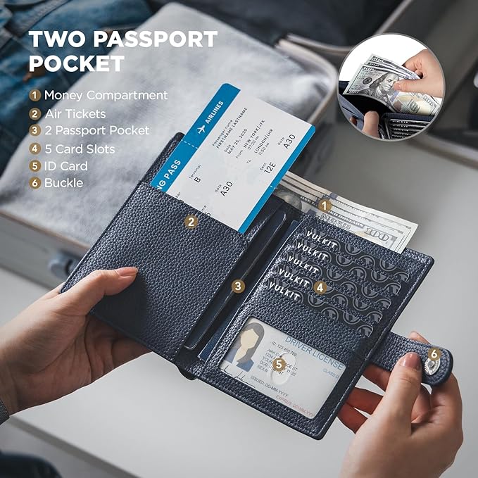 VULKIT Leather Passport Wallet for 2 Passports Slim Double Passport Holder RFID Blocking Passport Travel Wallet with ID Window for Women