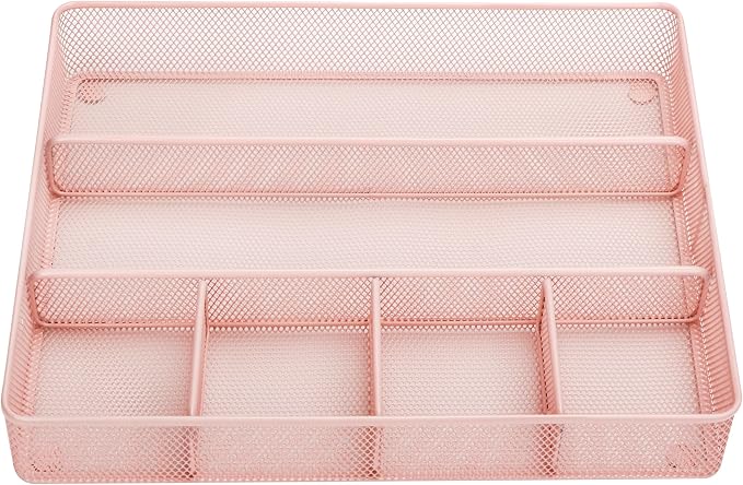Annova Desk Top Organizer Tray for Office Organization - Metal Mesh - Storage Tray with Dividers for Pens, Desktop Accessories, Bathroom, Kitchen, Makeup and Office Supplies (Large, Light Pink)