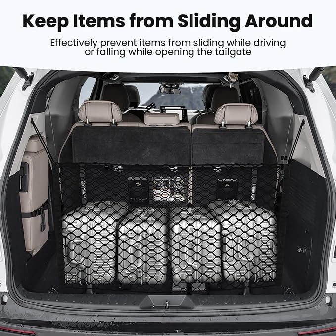 Canvcle Trunk Cargo Net for Toyota Sienna 2021-2025 2026 Accessories Envelope Style Mesh Trunk Net Organizer and Storage Stretchable Adjustable Elastic Nylon Rear Cargo Netting with Hooks