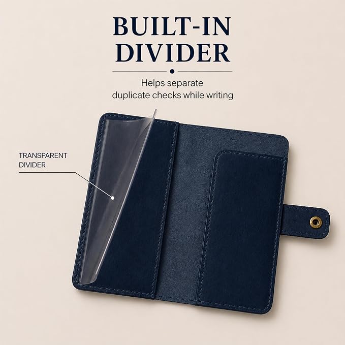 Genuine Blue Leather Checkbook Cover - Handmade Check Holder with Divider & ID Window, Slim Organizer Wallet for Business, Travel & Everyday Use, 3.5 x 7