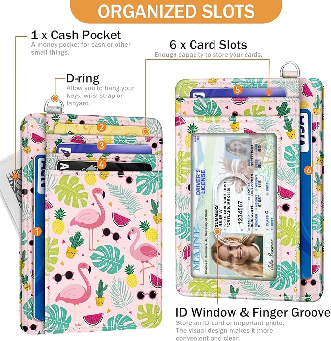 Yonlevres Flamingo Credit Card Holder Slim Wallet Women, Tropical Leaf RFID Blocking Small Wallet Woman, Front Pocket Travel Cute Thin ID Window PU Leather Mini Organizer Case Purse Gift Girls Ladies