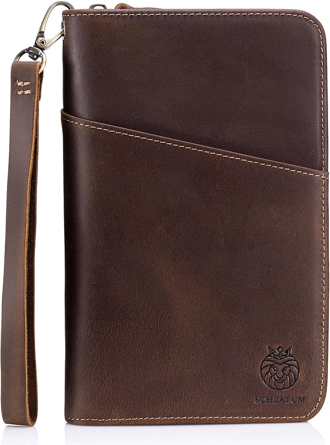 Genuine Leather Passport Holder for Family of 6, RFID Blocking Travel Wallet with Zipper Large Capacity – Vintage Crazy Horse Leather, 6 Passport Slots, Card Holders & Wristlet (Coffee, Large)
