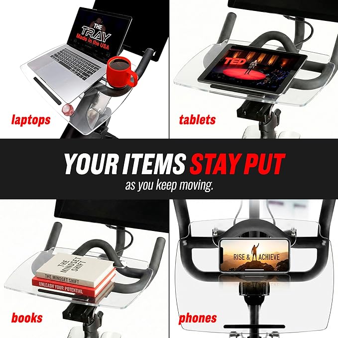 TFD The Tray Original for Peloton Bike Original Models, Angled Acrylic Desk Tray with Rubber Grip Insert for Laptop, Tablet, Phone, and Books, Work or Read While Riding, Clear Acrylic