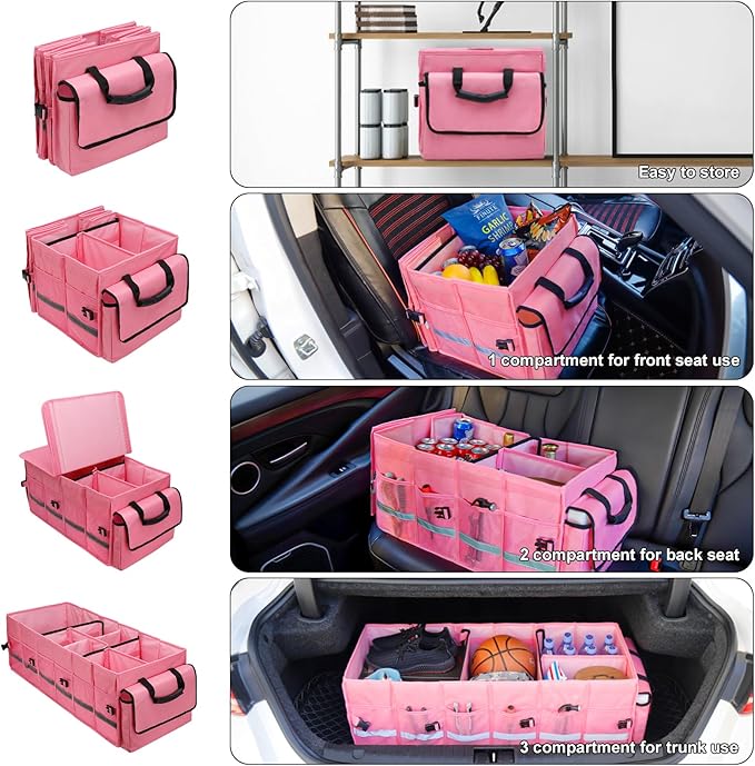 Car Trunk Organizer and Storage with Lid & Removable Leakproof Cooler Bag, Car Accessories 6 Removable Dividers for Custom Space, Collapsible Large Trunk Organizers Interior for SUV & Sendan, Pink