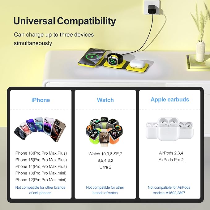3 in 1 Charging Station for Multple Devices,Foldable 3 in 1 Wireless Charger for Travel,Nano Wireless Charging Station for iPhone16 15 14 13 12 Pro Max/Watch 10 9 8 7 6 5 4 3 Ultra/AirPod Pro