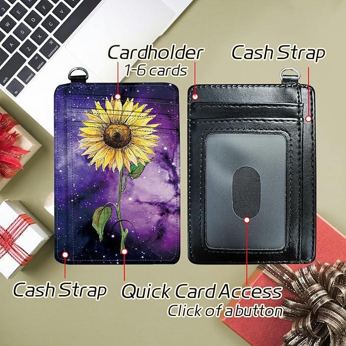Small Travel Wallets, Sunflower Yellow Purple Galaxy Slim Minimalist Front Pocket Wallet with Wristlet, RFID Blocking PU Leather Credit Card Holder with ID Window Change Purse for Men Women