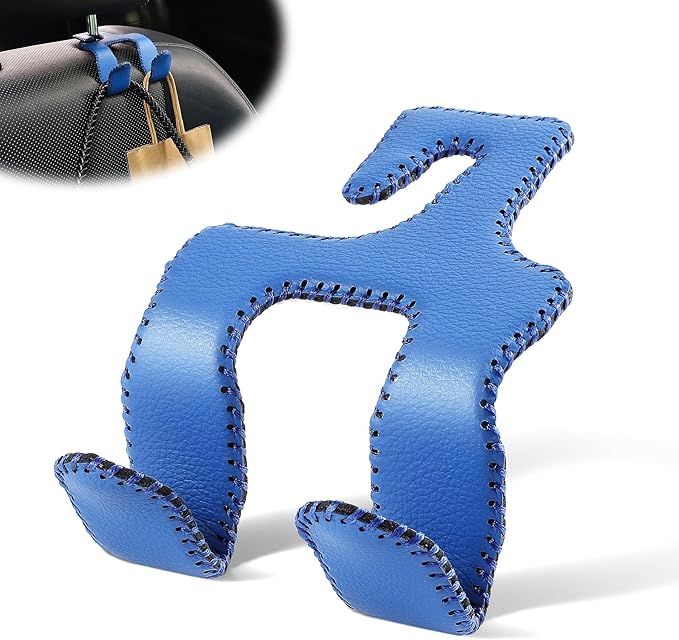 LivTee Upgraded Superior Leather Car Seat Back Headrest Hook, 2 in 1 Auto Seat Hook Hangers Holder Organization Interior Accessories for Purses Coats Umbrellas Grocery Bags Handbag (Blue)