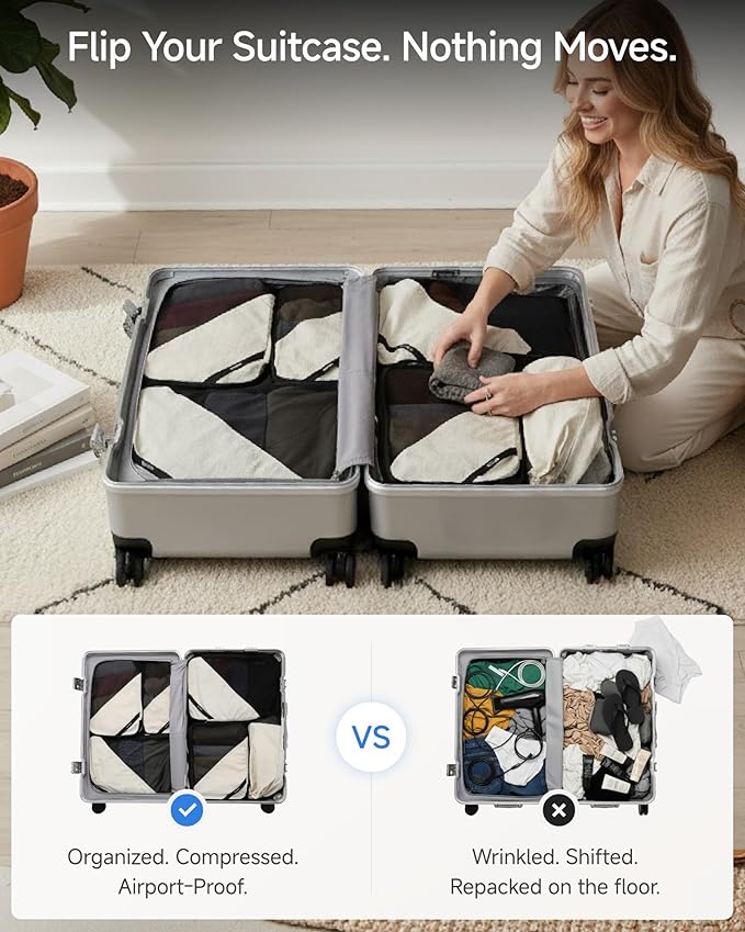 LUGGEX Compression Packing Cubes for Travel, 6 Set Lightweight Luggage Organizer Bags with Shoe Bag, Space Saving Suitcase Packing Cubes for Carry-On (POX01, Beige)