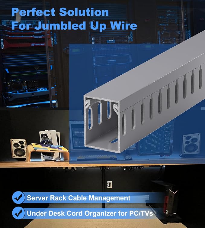 ZhiYo H1.6in W1.2in Professional Server Rack Cable Management Raceway, 6ft (2 x L3ft) Cable Raceway Kit, Electrically Safe PVC Open Slot Wire Raceway for Under Desk/Computer/Network Cords, Grey