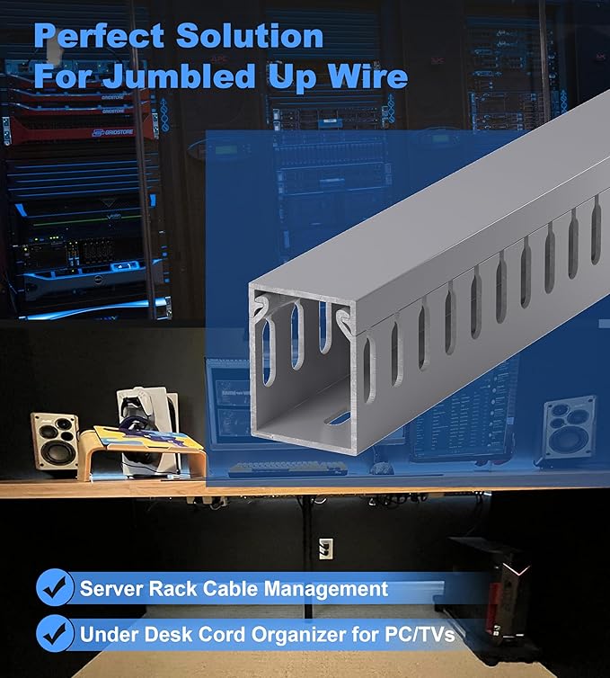 ZhiYo H1.6in W1.2in Professional Server Rack Cable Management Raceway, 99in (6X L16.5in) Cable Raceway Kit, Electrically Safe PVC Open Slot Wire Raceway for Under Desk/Computer/Network Cords, Grey