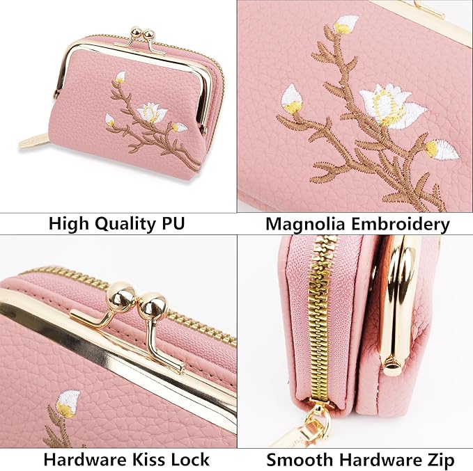 Women's Pebble Leather Wallet, 2-in-1 Zip-Around Credit Card Holder with Kiss Lock Coin Purse, Cute Change Purse with Secure Clasp & Card Slots (Pink, Small)