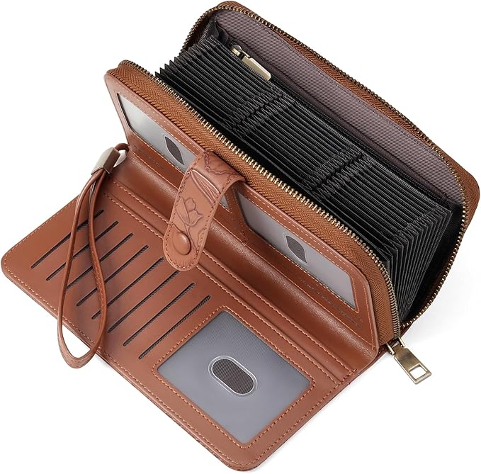SENDEFN Women's Credit Card Holder RFID Blocking Zip Around Leather Wallet Large Capacity Long Purse with Wristlet