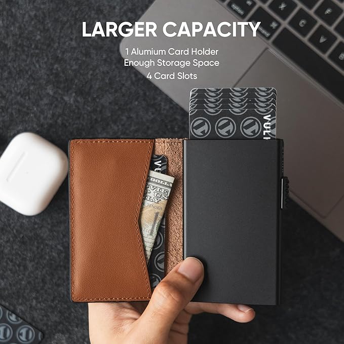 VULKIT Men's Slim Wallets Pop Up Card Holder RFID Blocking Metal Wallet Minimalist Design Holds Up to 11 Cards