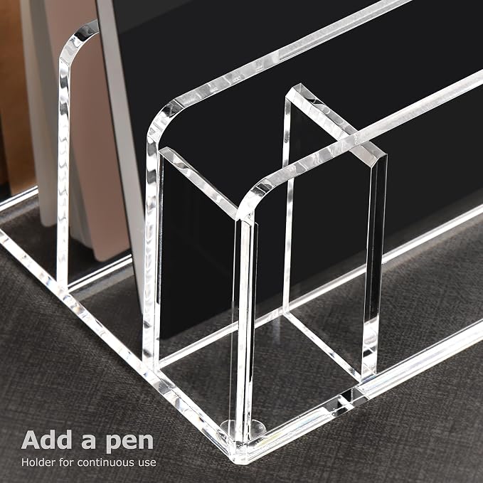 SANRUI Acrylic Mail Organizer, 5 Compartments File Holder for Desk, Letter Sorter with Pen Holder, Clear Countertop Document Sorter for Notebooks, Bills & Eyeshadow Palettes
