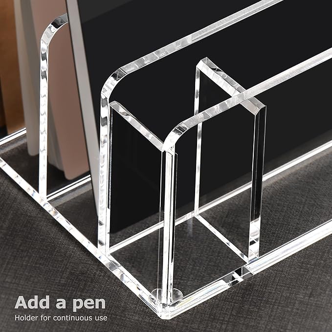 SANRUI Acrylic Mail Sorter Desktop Organizer with Pen Holder, 5 Compartments Clear Small File Script Letter Document Storage for Desk Bill Filling Envelope Holder Office, Home, School Organization